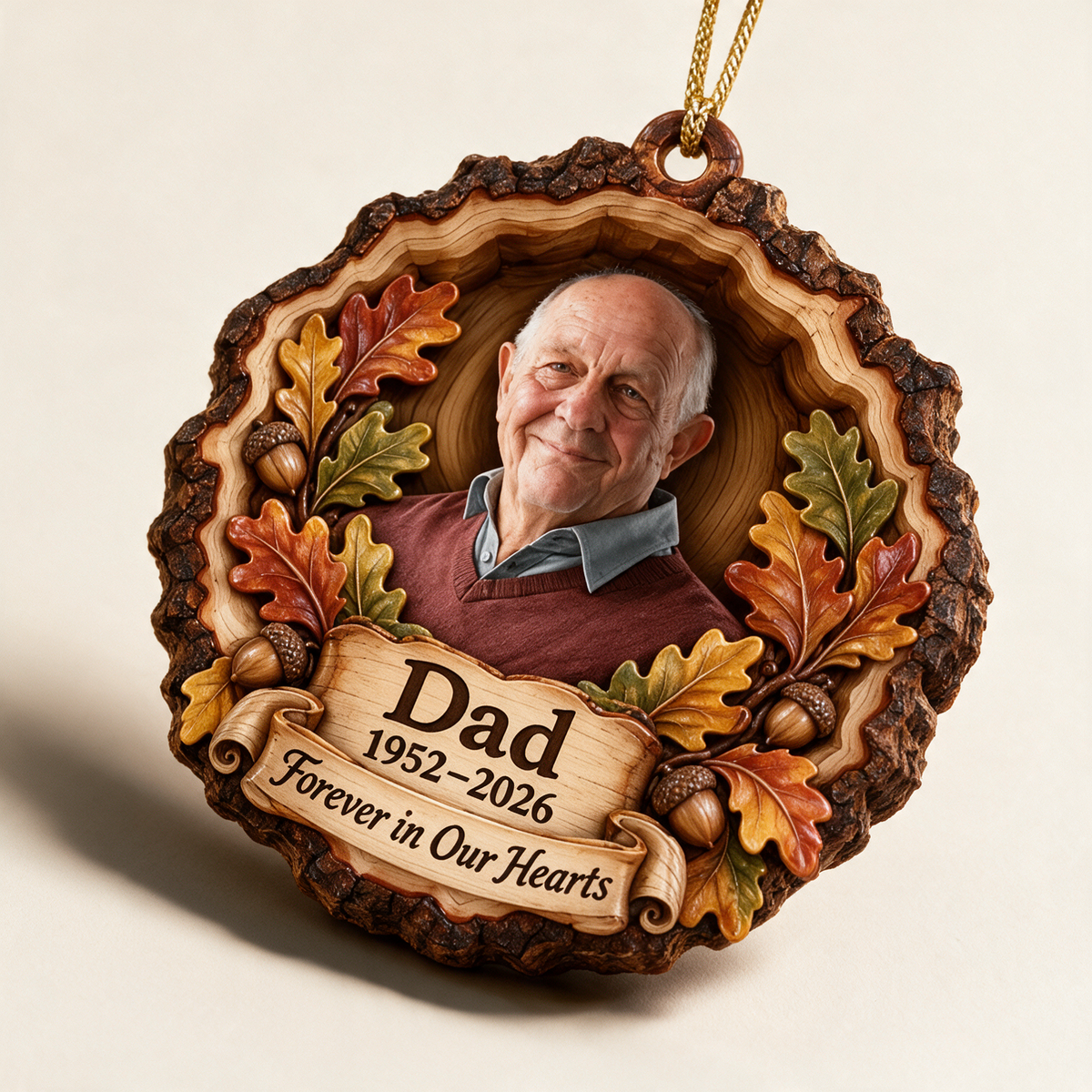 Personalized Custom Photo Dad Memorial Oak Leaf Layered Wood Ornament - Christmas Remembrance Keepsake