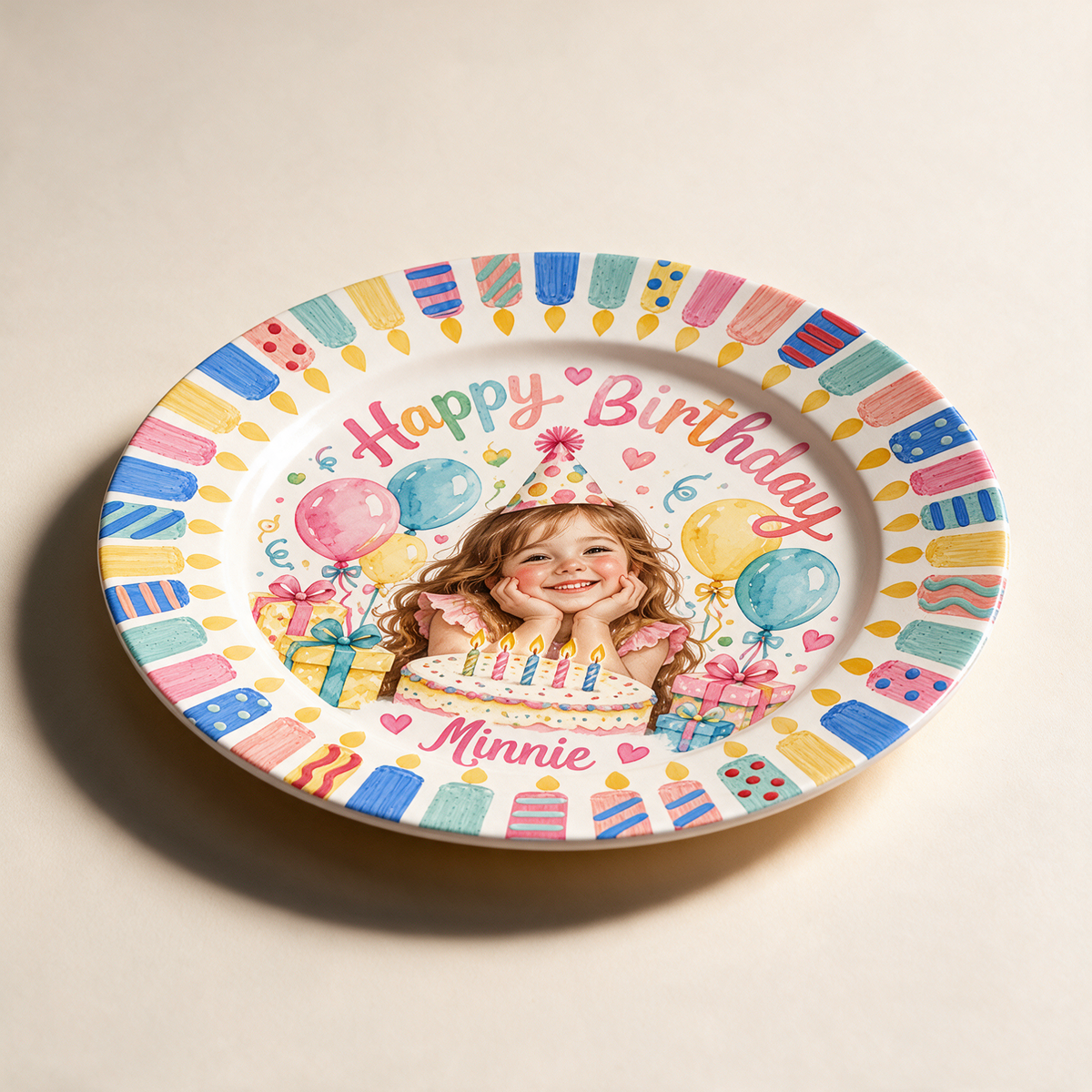 Personalized Birthday Ceramic Round Plate - Watercolor Portrait Gift