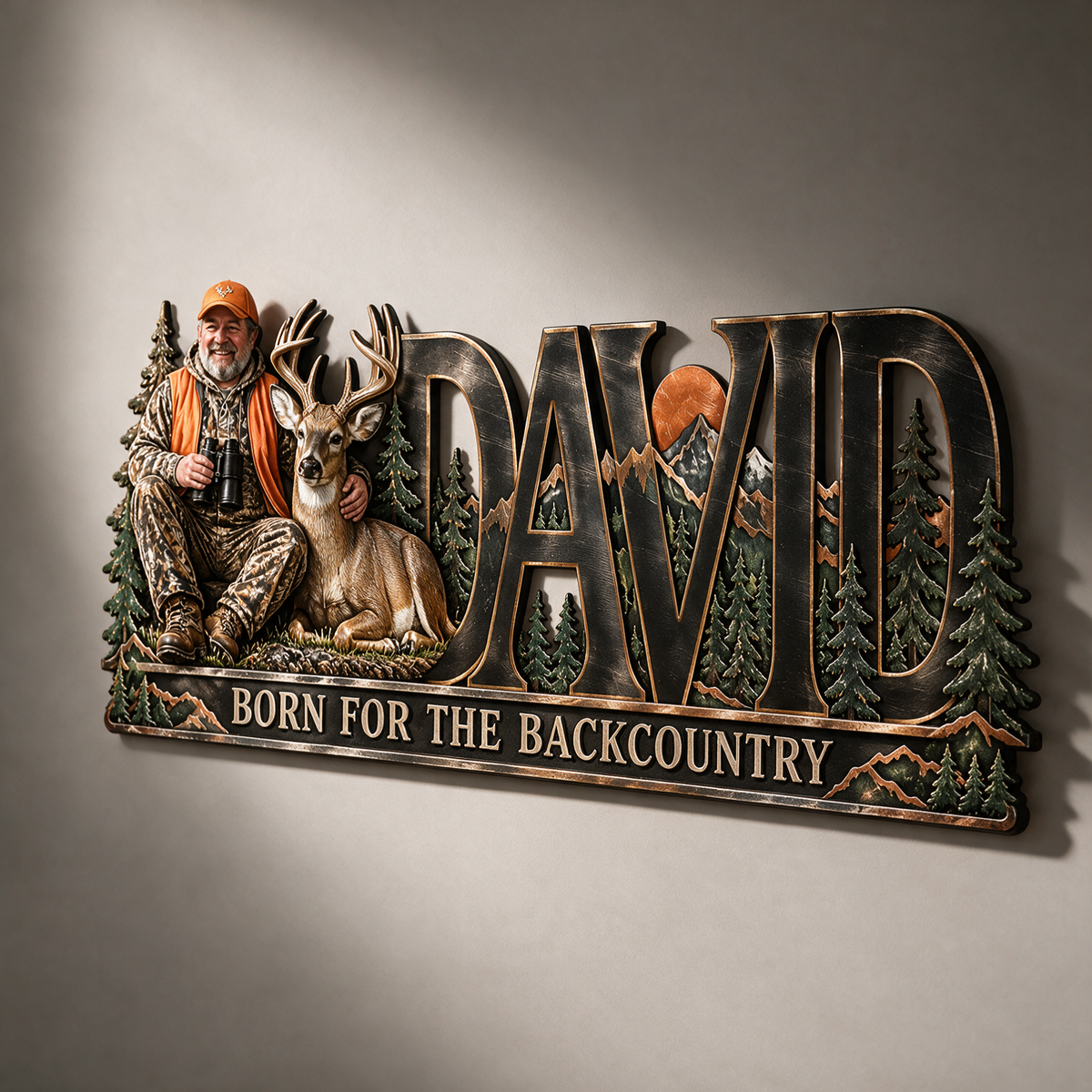 Personalisierte Jagd Metall-Schild - Individuelles Foto und Namens Wandkunst mit Wald- und Bergdesign