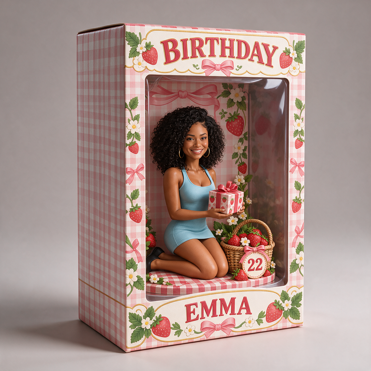 Personalized Birthday Window Box - Strawberry Portrait Figurine, Name and Age