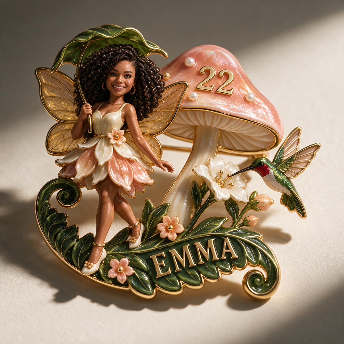 Personalized Fairy Garden Brooch - Birthday Gift with Custom Photo, Name and Age, Mushroom and Hummingbird