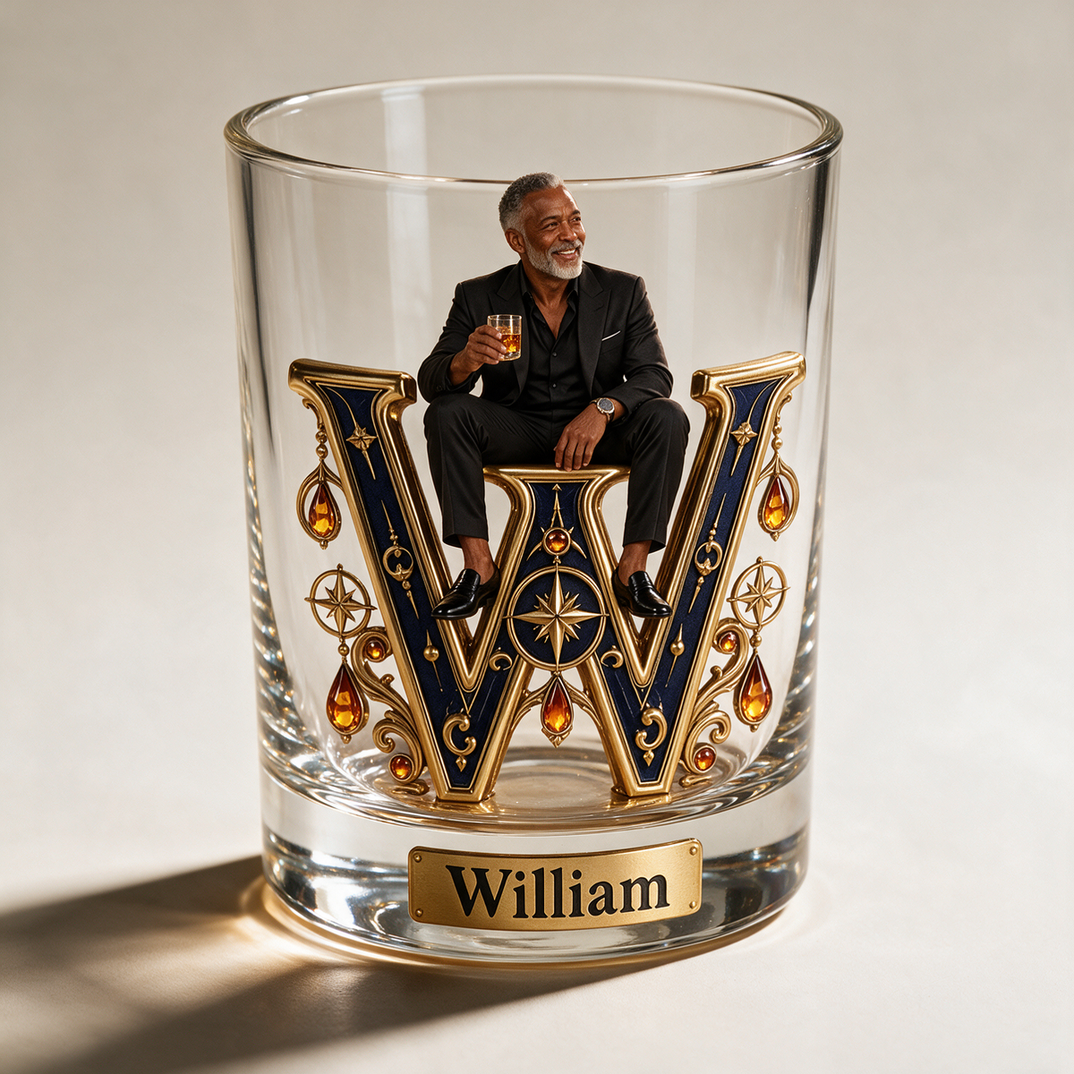 Personalized Custom Photo Celestial Monogram Whiskey Glass - Gift for Older Men Who Love Whiskey