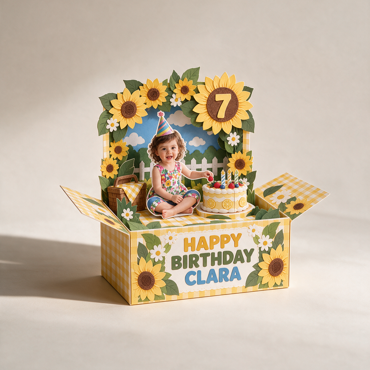 Personalisierte Sonnenblumen Pop-Up Box Karte - Geburtstagskuchen Picknick mit Foto, Name und Alter