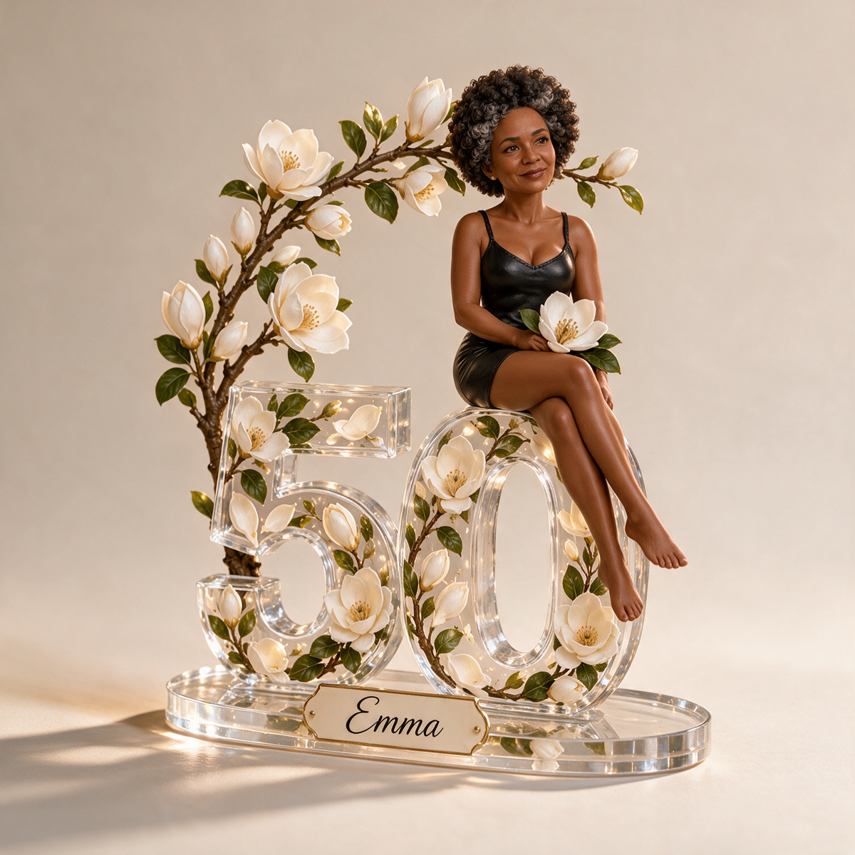 Personalisierte Foto-Magnolien-Acrylplakette - 50. Geburtstagsgeschenk für Frauen