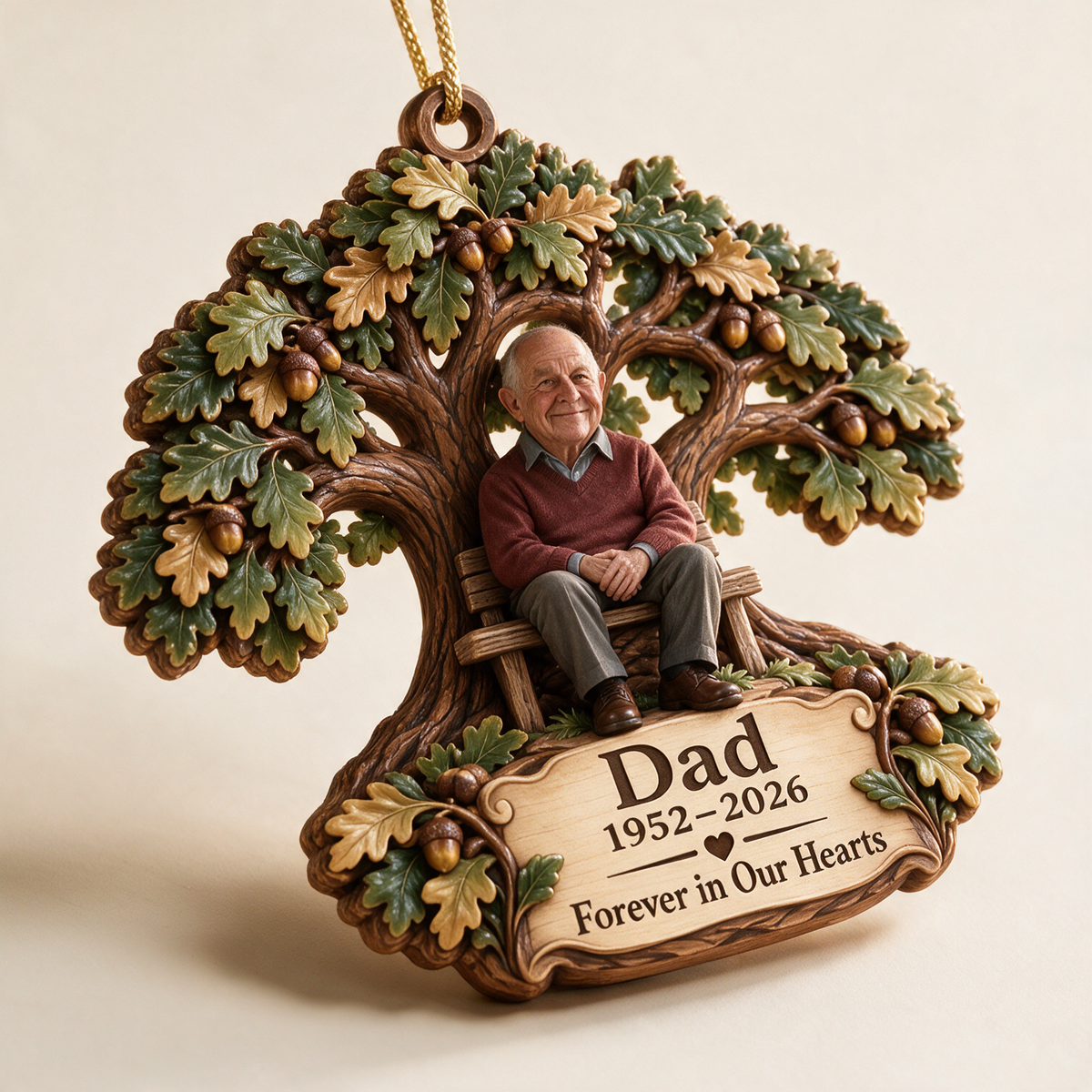 Personalized Custom Photo Dad Memorial Oak Tree Bench Layered Wood Ornament - Christmas Remembrance Keepsake