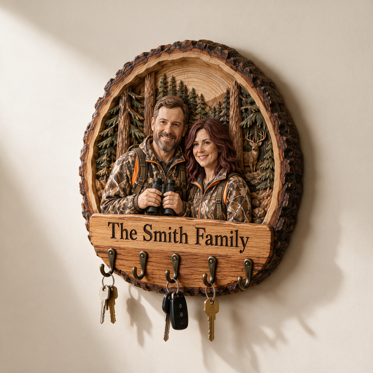 Personalized Hunting Key Rack - Woodland Couple with 5 Hooks