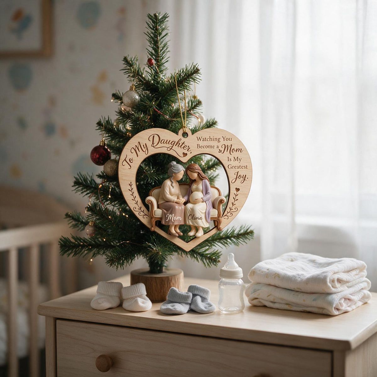 Ornement en Bois Cœur Personnalisé pour Maman et Fille Attendue - Cadeau pour Nouvelle Maman