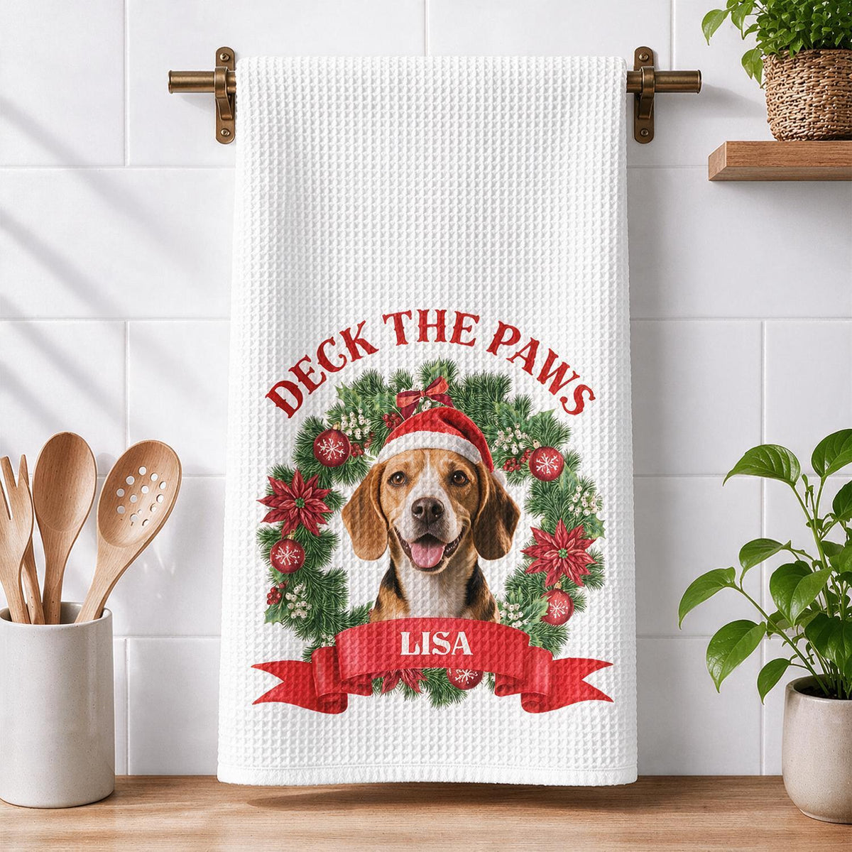 Personalized Christmas Beagle Kitchen Towel - Deck The Paws Dog Mom Holiday Gift