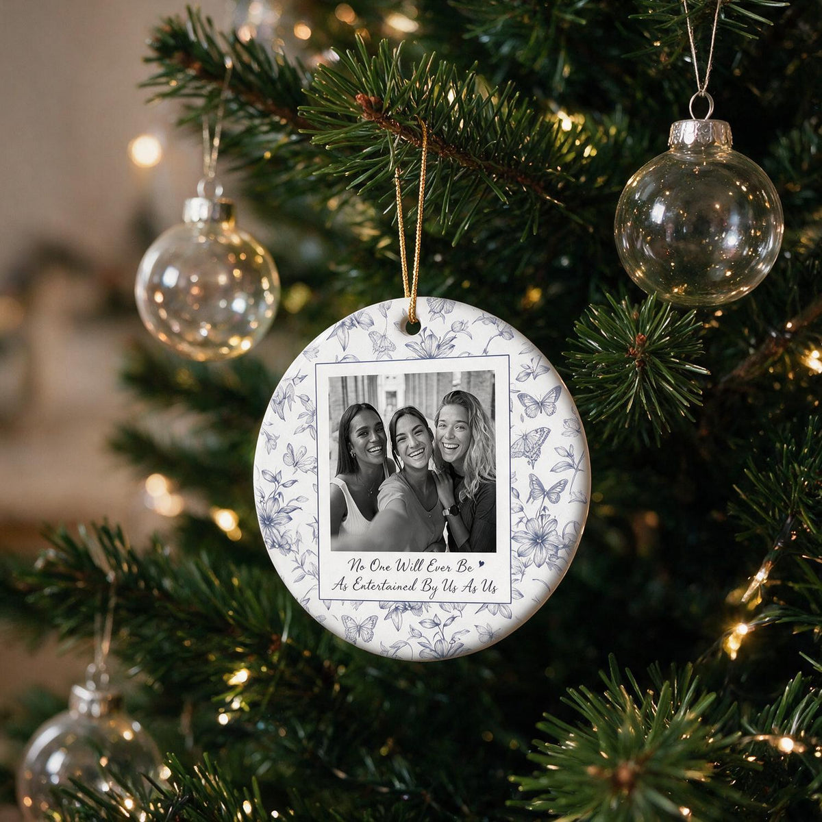 Ornement de Noël Photo Personnalisé Meilleurs Amis - Papillon Floral Bleu