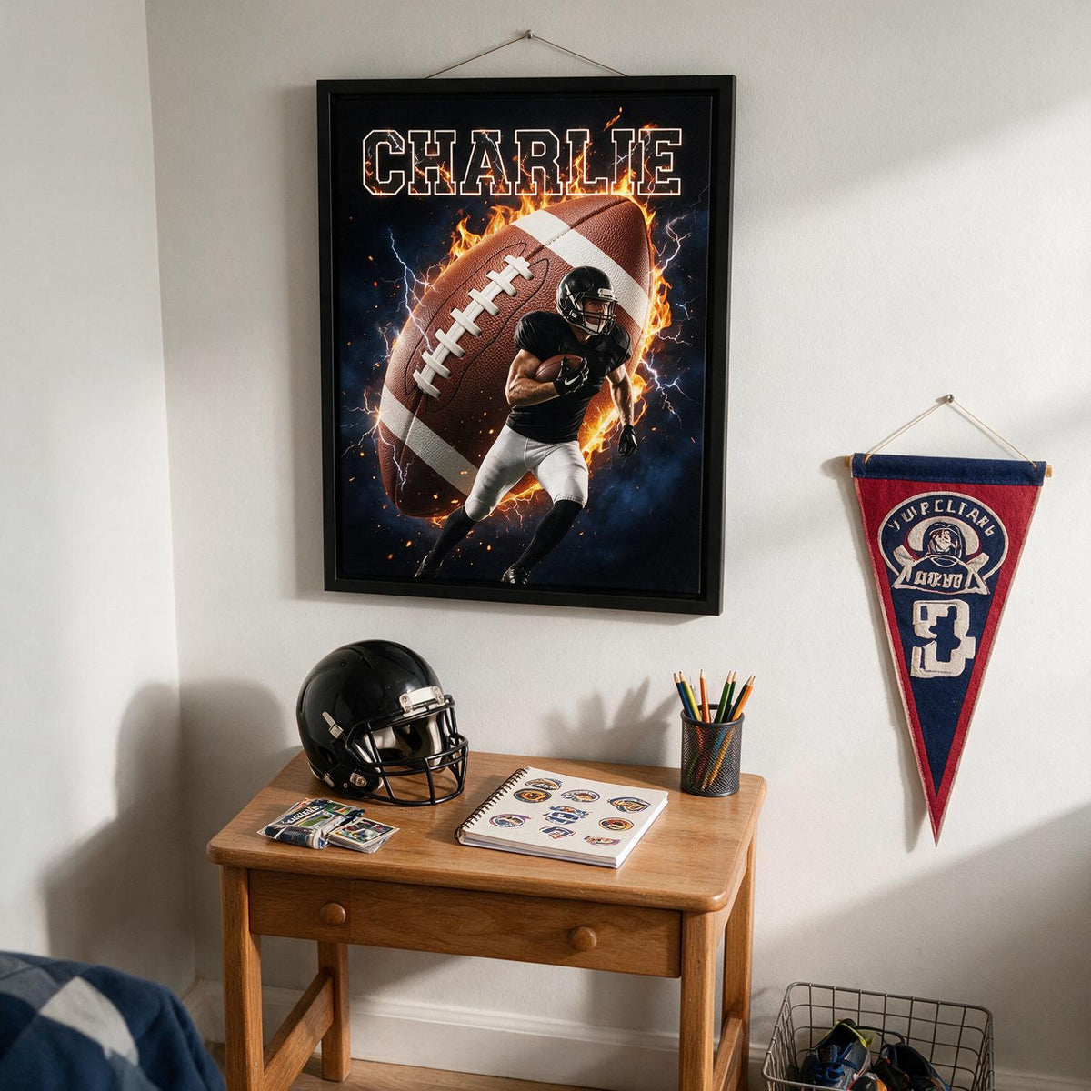 Personalized Football On Fire Custom Photo Poster - Gift for Boys & Girls Sports Fan Room Decor