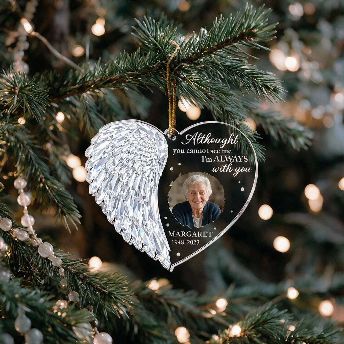 Personalized Christmas Crystal Wing Heart Memorial Photo Ornament - Sympathy Keepsake Gift