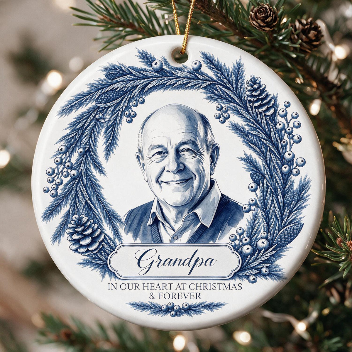 Personalized Christmas Memorial Grandpa Photo Ornament, Blue Willow Keepsake Gift
