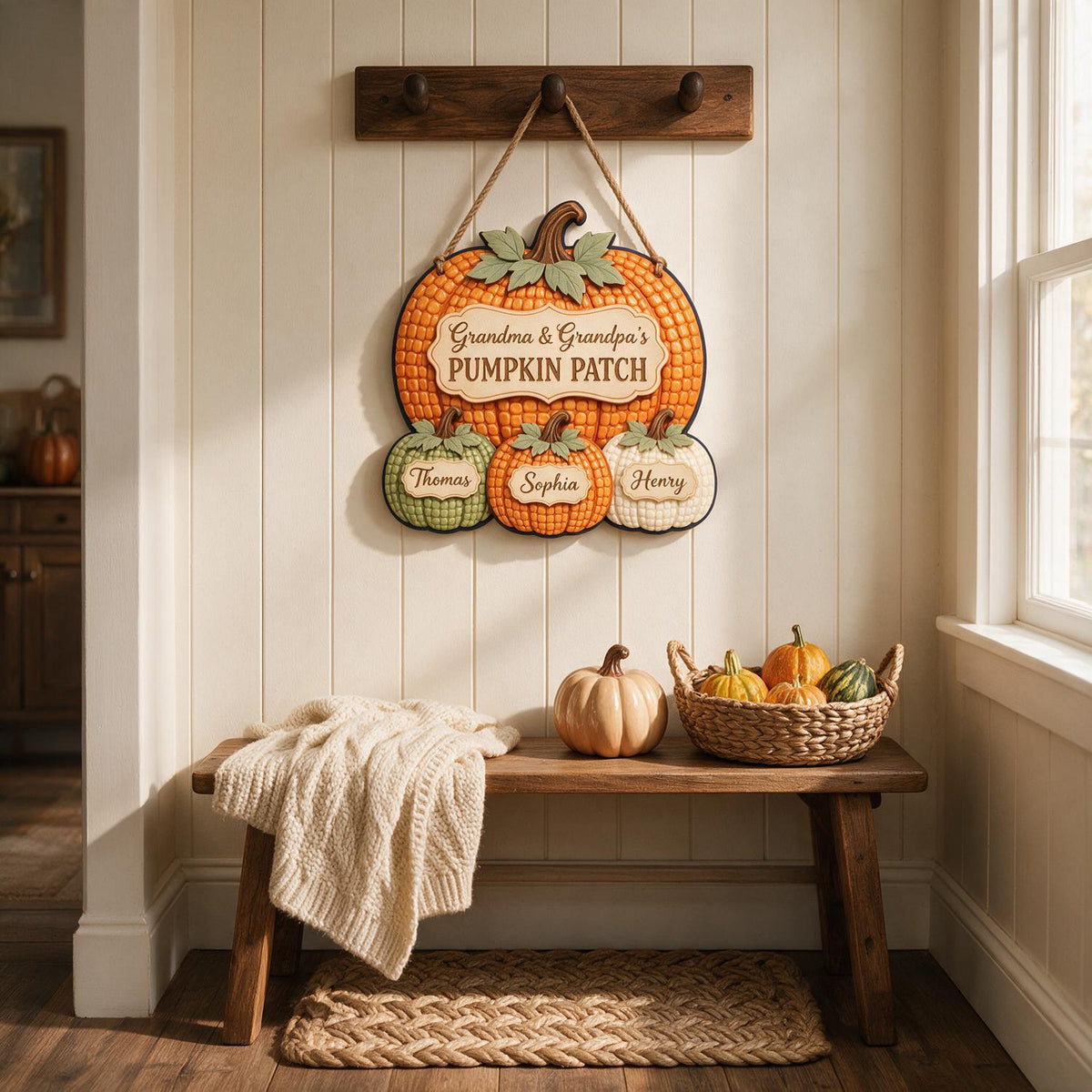 Personalisierte Herbst Kürbis Patch Holzschild für Großeltern, Individuelle Familiennamen Herbst Wanddekoration
