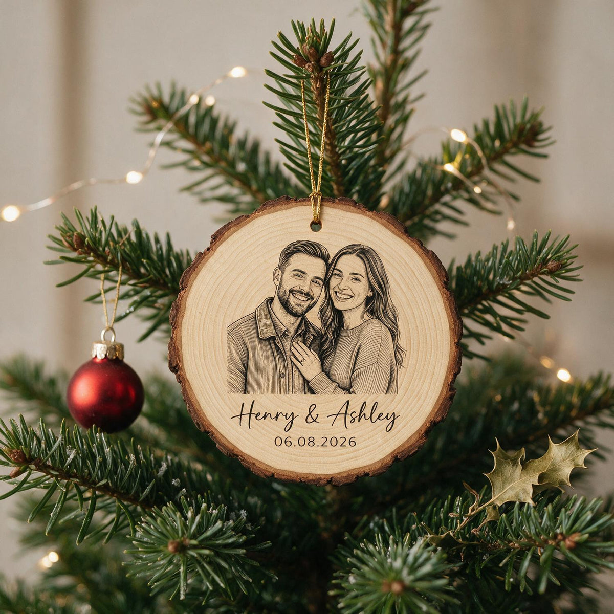Sketch Style Couple Forever Love Custom Photo - Personalized Wooden Ornament - Christmas Gift, Anniversary Gift For Couple