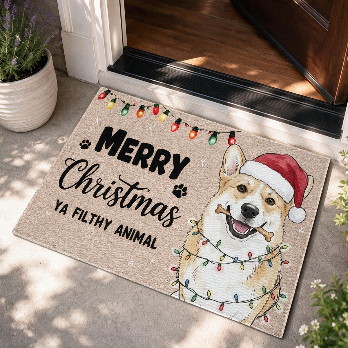 Benutzerdefinierte Foto-Weihnachtsmatte mit lächelndem Corgi und Weihnachtsmann-Hut, Frohe Weihnachten, ihr dreckigen Tiere