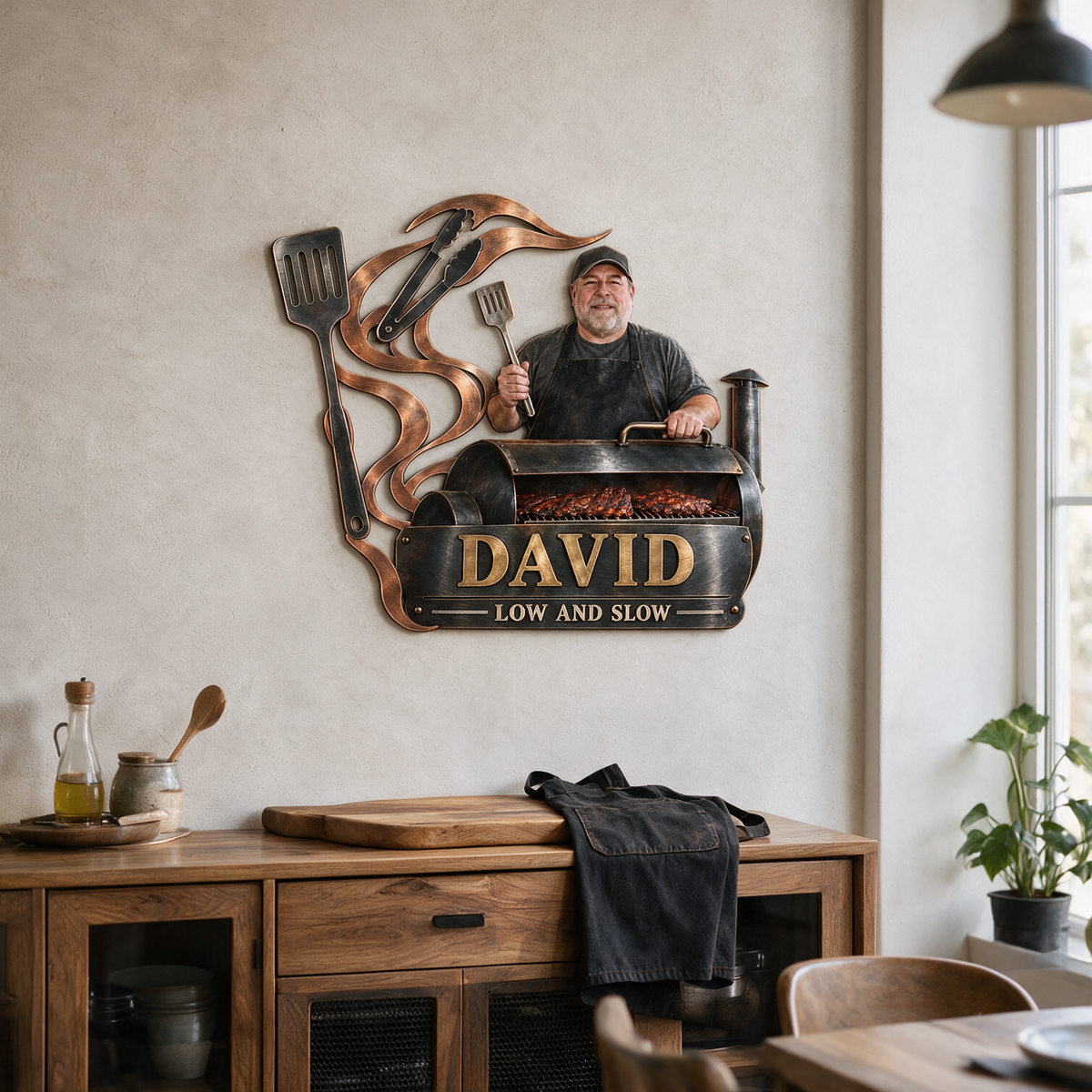 Personalized BBQ Metal Wall Art - Custom Portrait and Name, Grilling Wall Decor