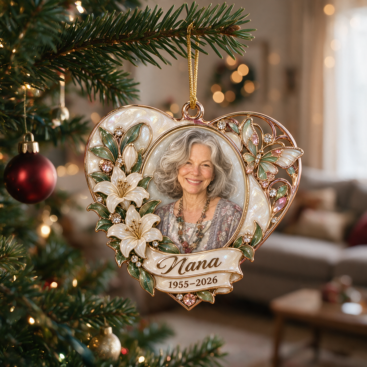 Personalized Custom Photo Lily Heart Memorial Christmas Ornament - In Memory of Grandma