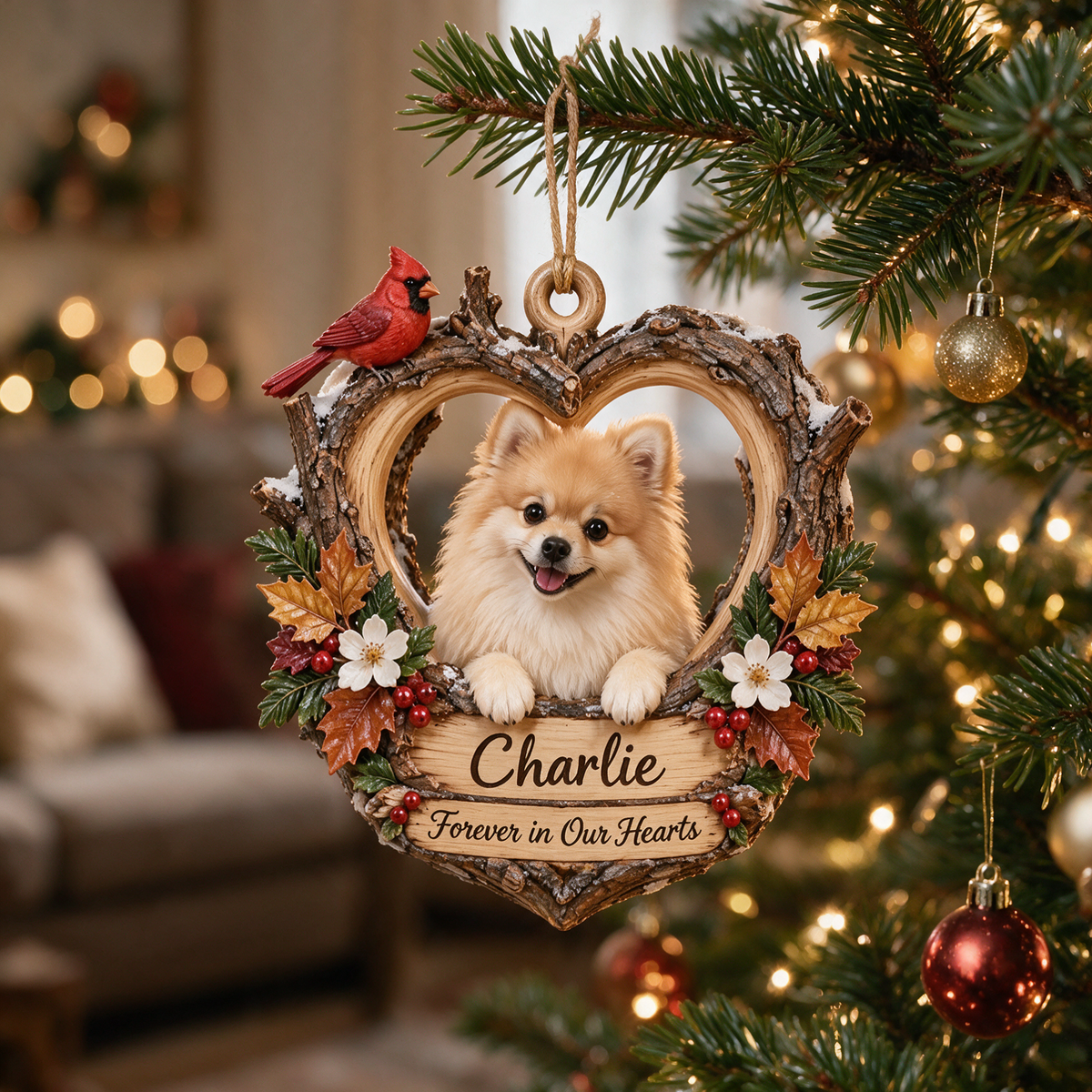Personalized Custom Photo Pomeranian Memorial 3D Woodland Heart Ornament - Christmas Dog Lover Gift