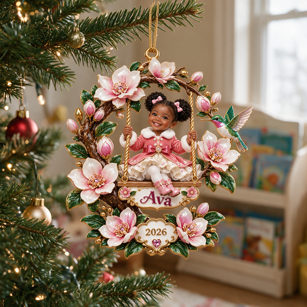 Personalized Custom Photo Magnolia Swing 3D Ornament - 2026 Christmas Gift for Little Girls
