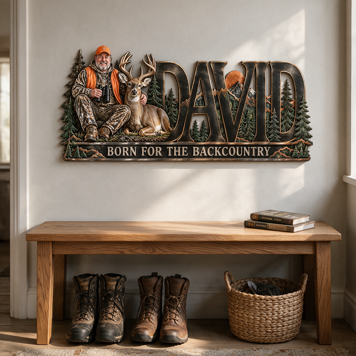Personalisierte Jagd Metall-Schild - Individuelles Foto und Namens Wandkunst mit Wald- und Bergdesign