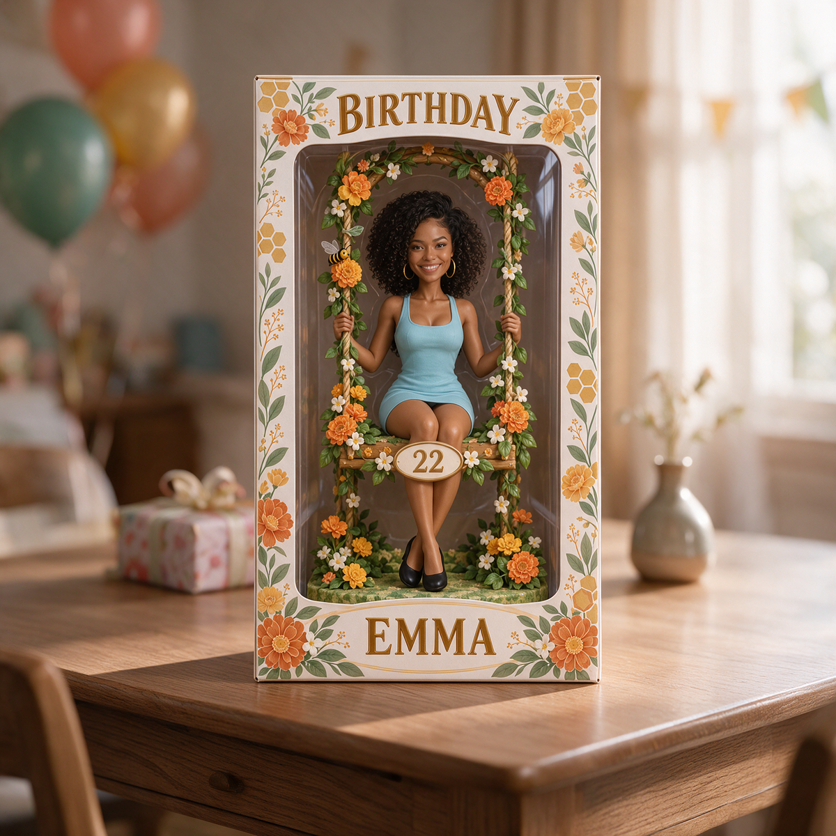 Boîte d'Affichage Florale Personnalisée - Figurine de Portrait d'Anniversaire avec Nom et Âge