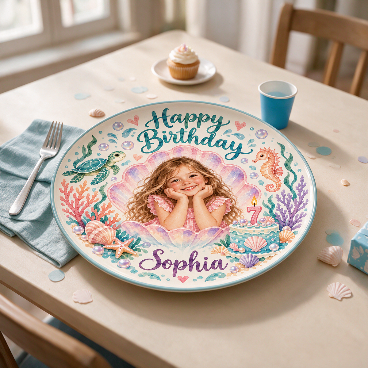 Personalized Birthday Ceramic Round Plate - Ocean Watercolor Portrait Gift