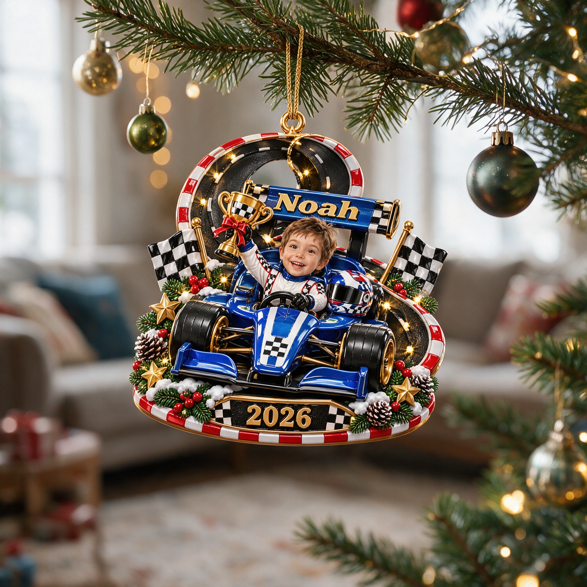 Personalized Custom Photo Race Car 3D Ornament - 2026 Christmas Gift for Boys