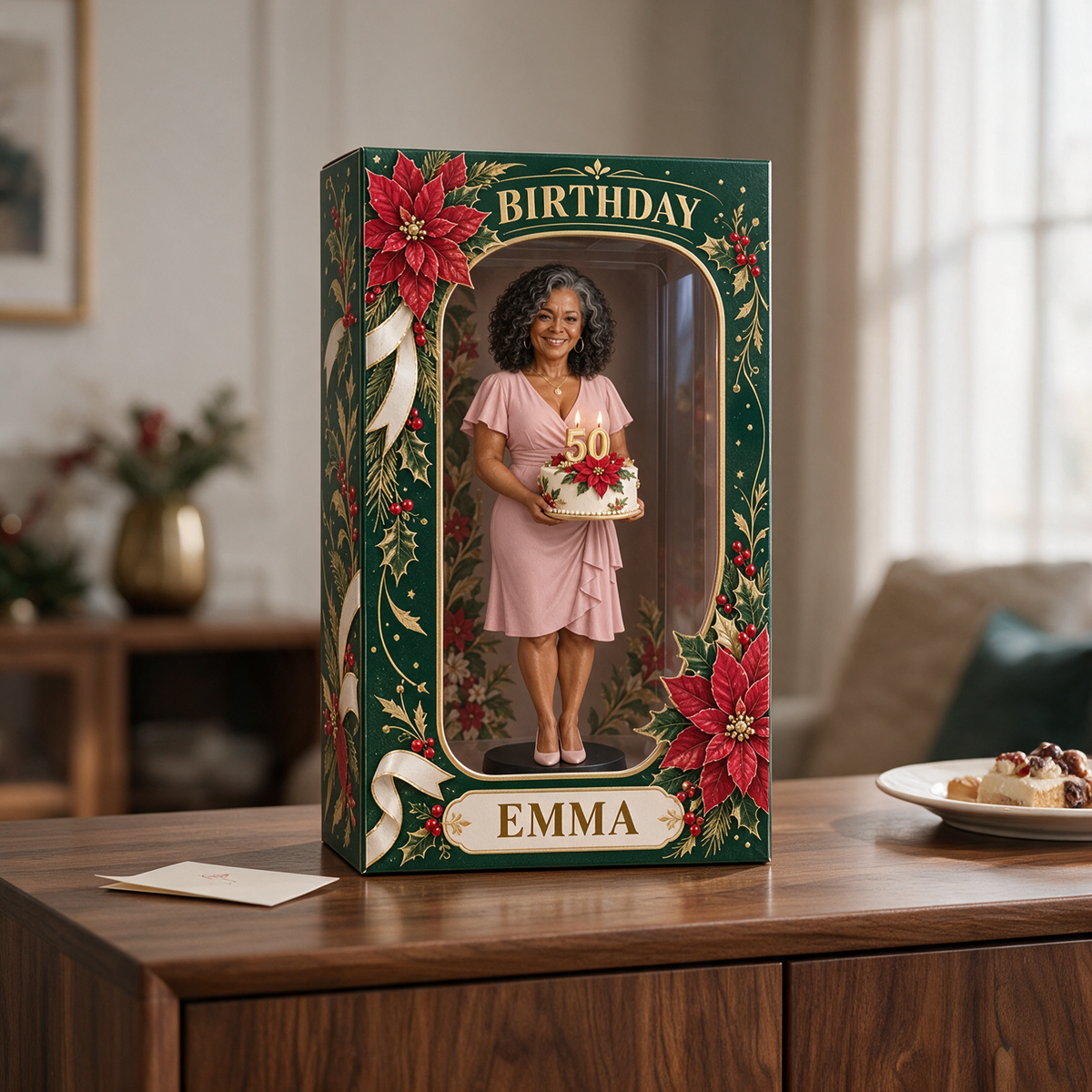 Personalized Custom Photo Poinsettia Figurine in Acrylic Display Box - 50th Birthday Gift for Women
