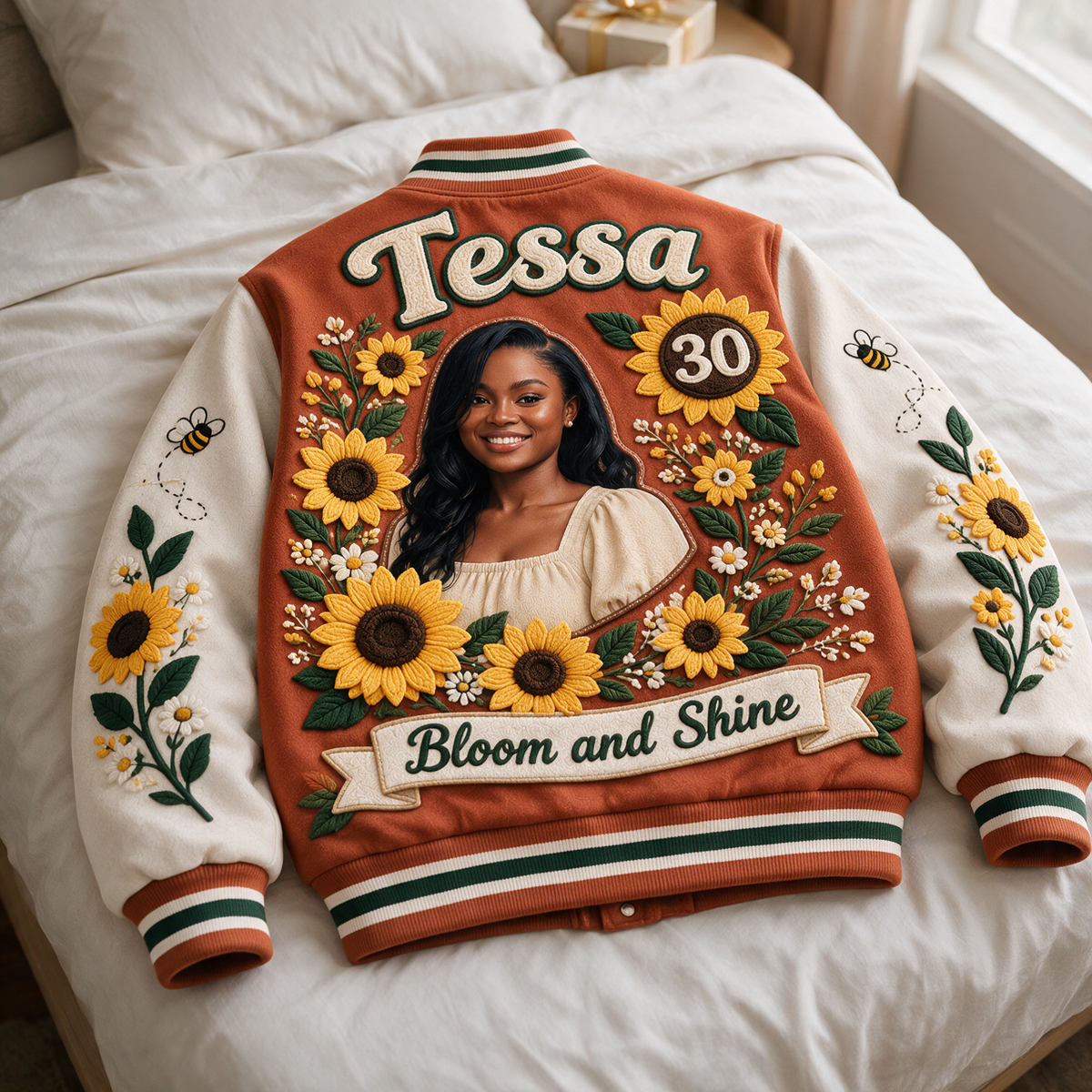 Personalized Sunflower Varsity Jacket - Birthday Photo Portrait