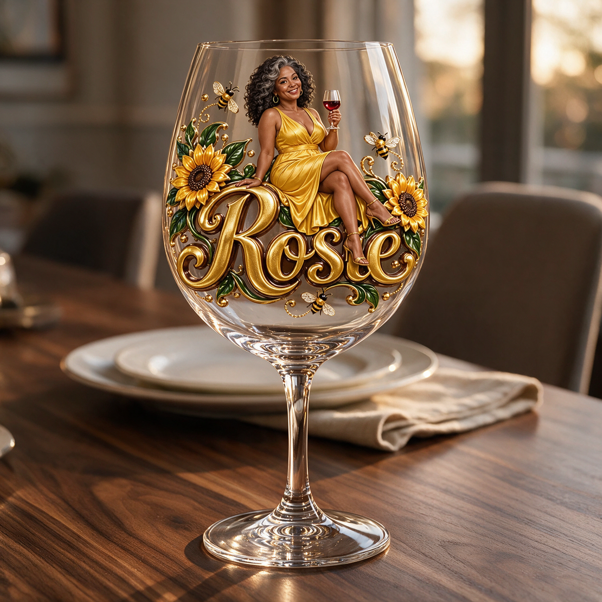 Personalized Custom Photo Sunflower Wine Glass - Gift for Older Women