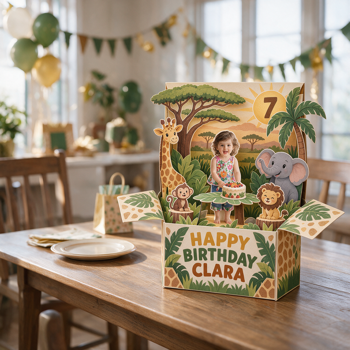 Personalized Safari Birthday Pop Up Box Card - Custom Photo, Name and Age Keepsake