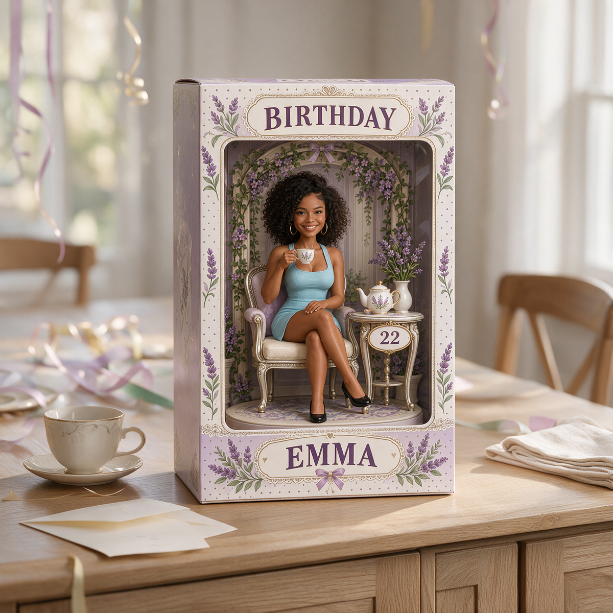 Boîte d'Affichage Figurine d'Anniversaire Personnalisée - Portrait Photo de Thé Lavande avec Nom et Âge Personnalisés