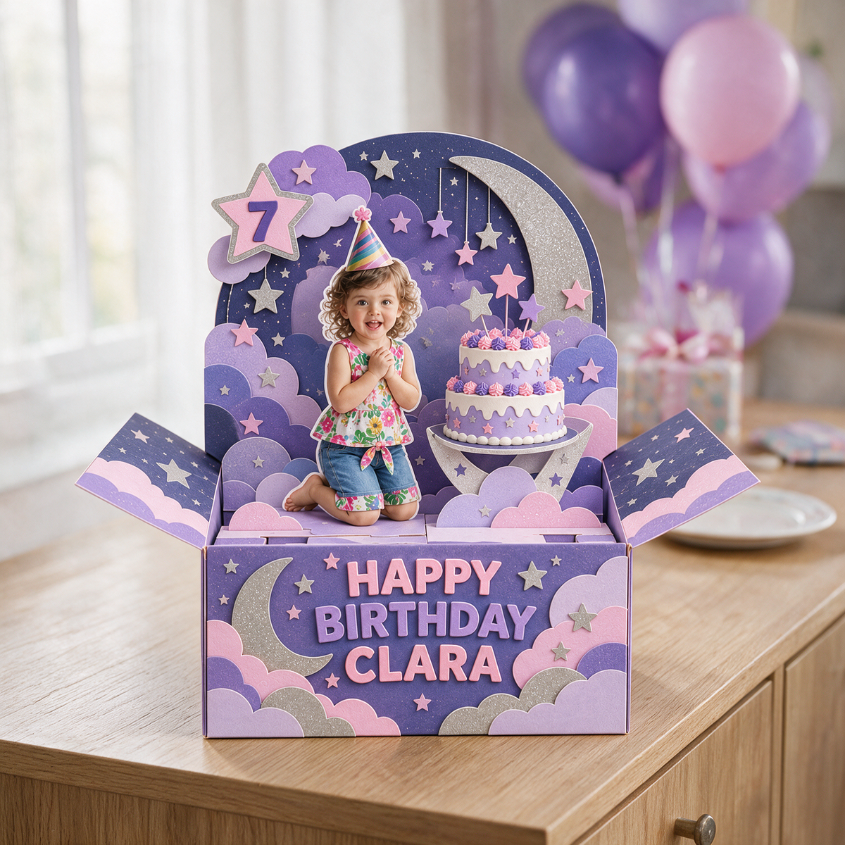 Carte Pop-Up Personnalisée Lune et Étoiles - Gâteau d'Anniversaire avec Photo, Nom et Âge Personnalisés