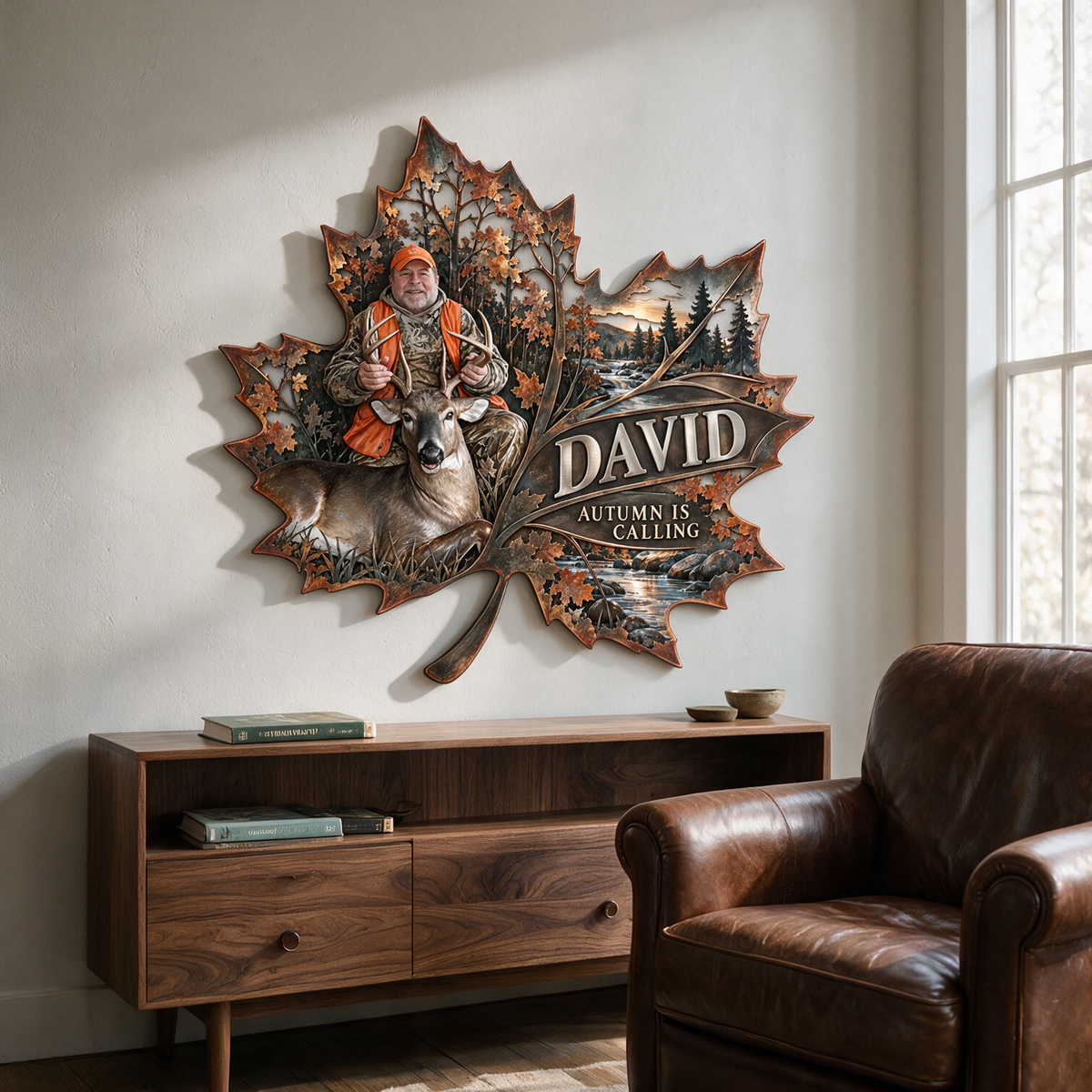 Personalized Hunting Metal Sign - Autumn Maple Leaf Wall Art with Custom Photo, Name and Text