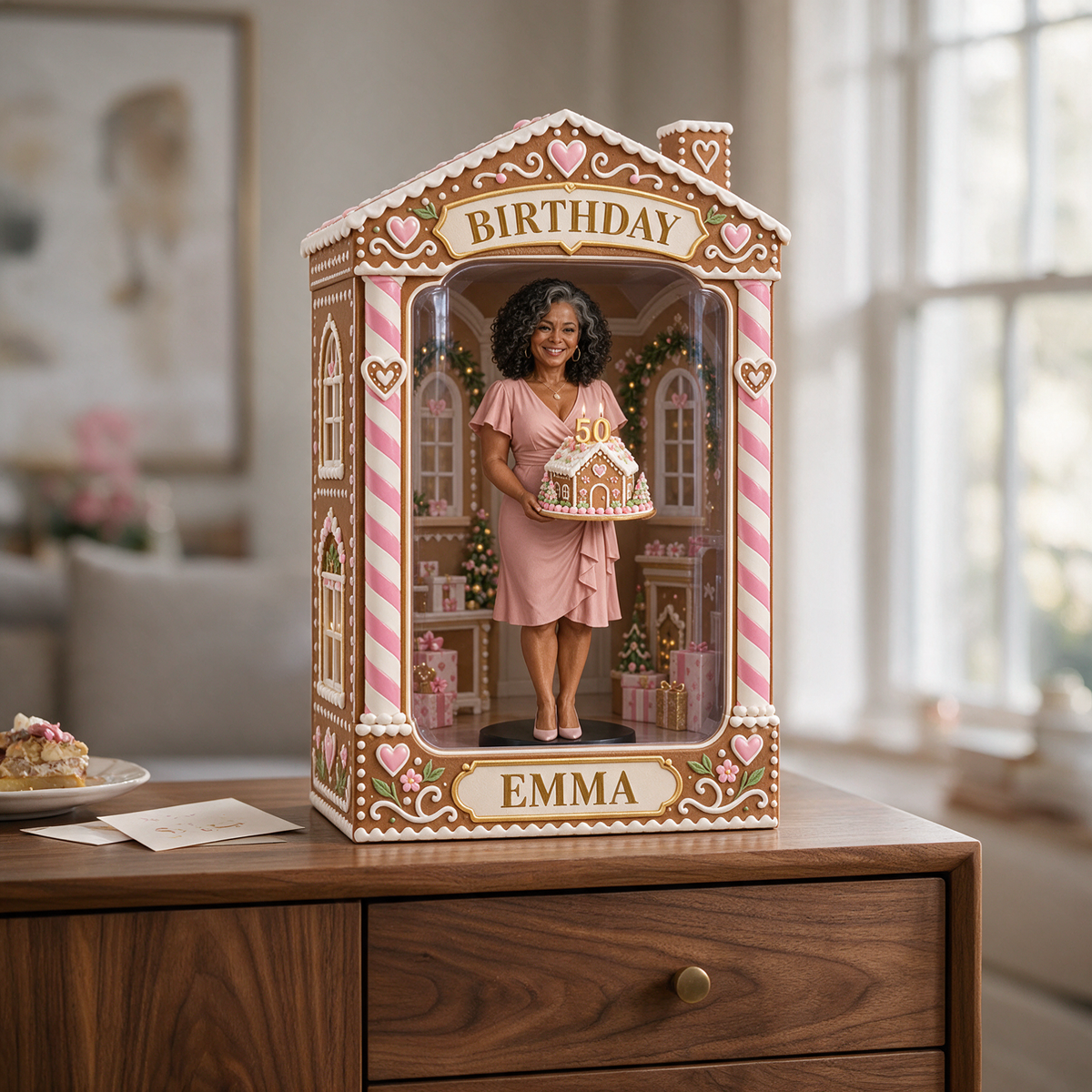 Personalized Custom Photo Gingerbread House Figurine in Acrylic Display Box - 50th Birthday Gift for Women