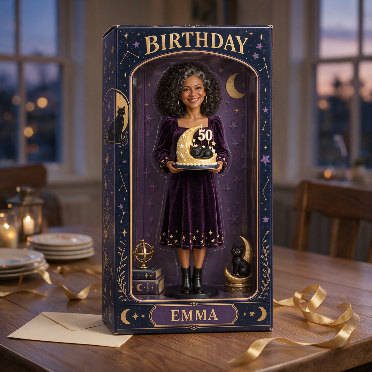 Personalized Witch Acrylic Display Box - Celestial Black Cat Birthday Figurine Gift