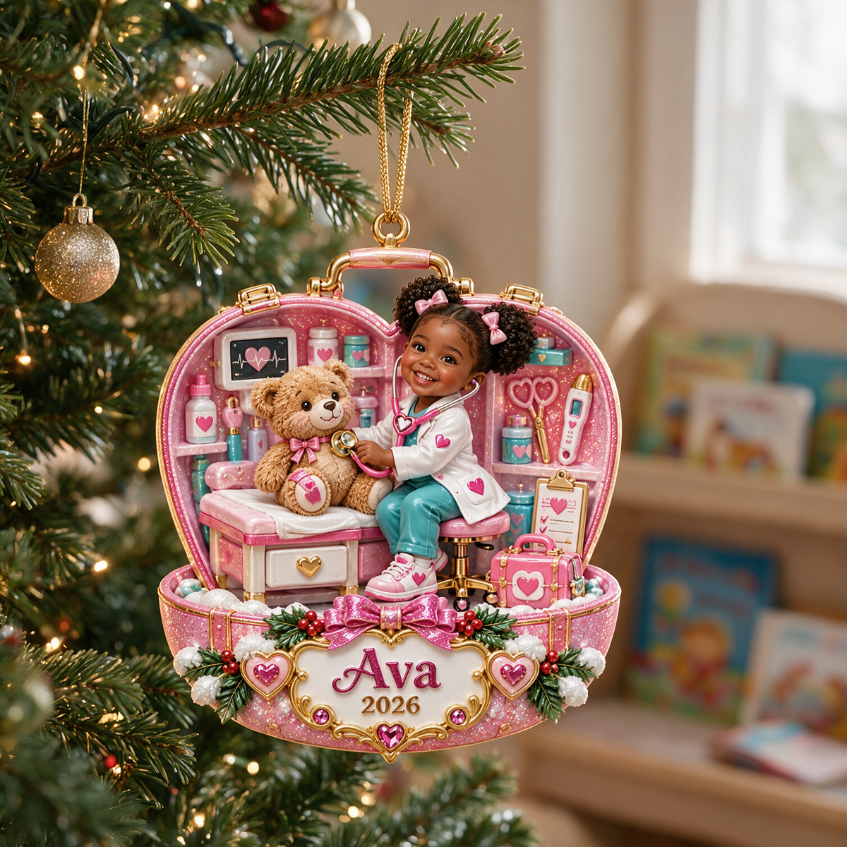 Personalized Custom Photo Doctor and Teddy Bear 3D Ornament - 2026 Christmas Gift for Little Girls