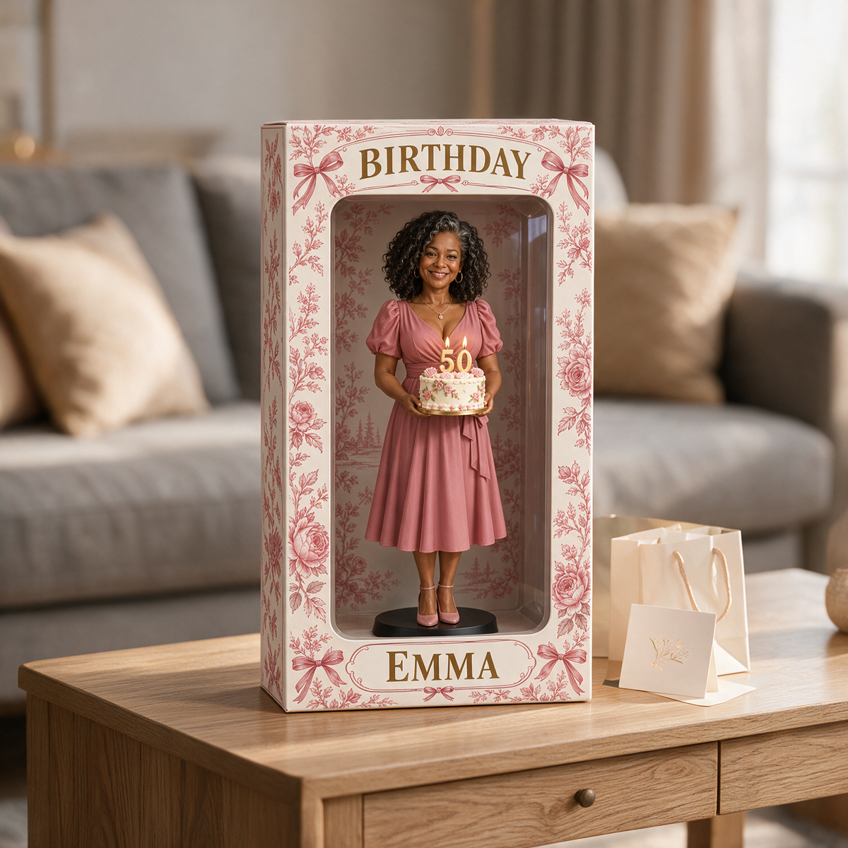 Personalisierte Fotofigurinen-Displaybox in Pink - 50. Geburtstagsgeschenk für Frauen