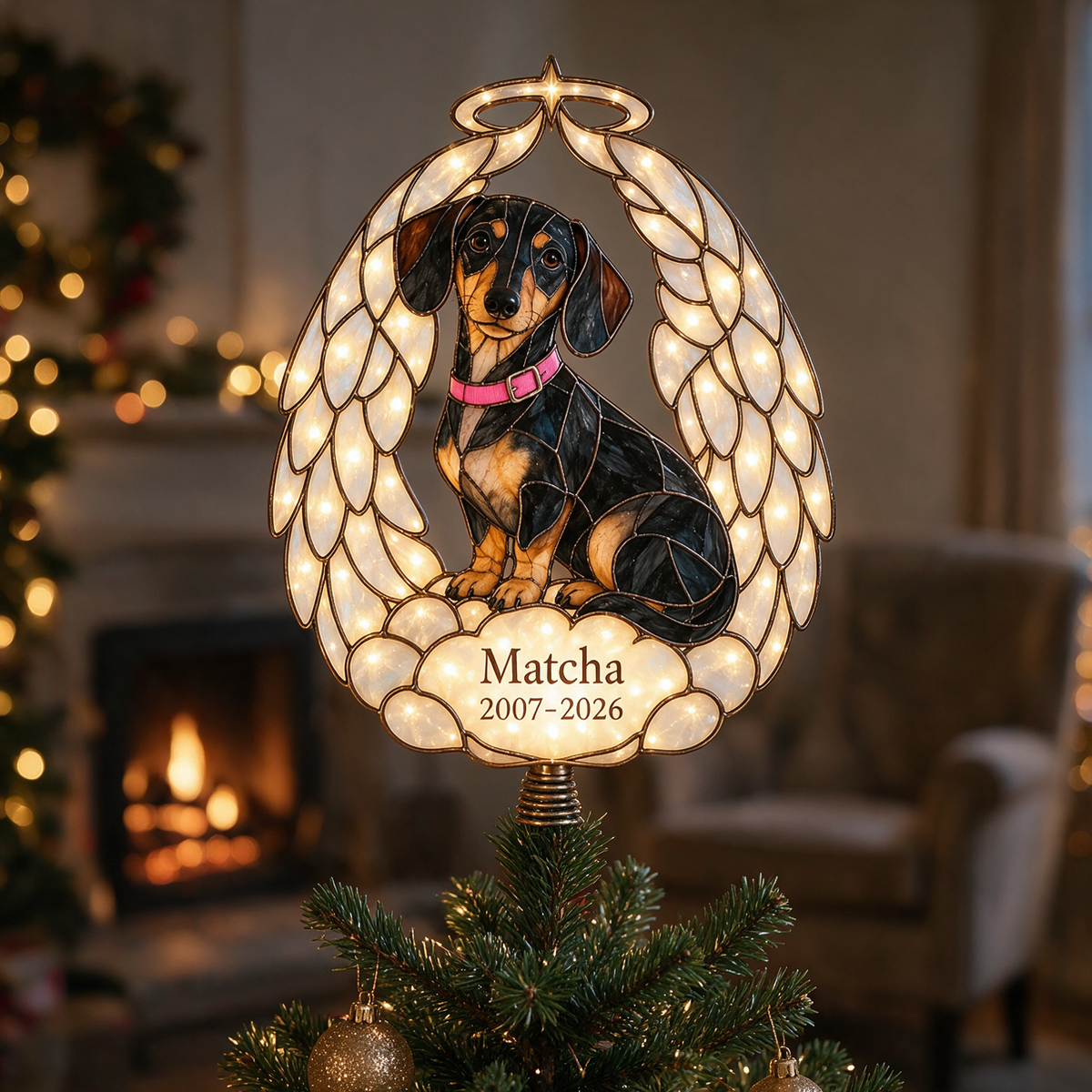 Personalisierte Hundegedenk-Engelsflügel Weihnachtsbaumspitze
