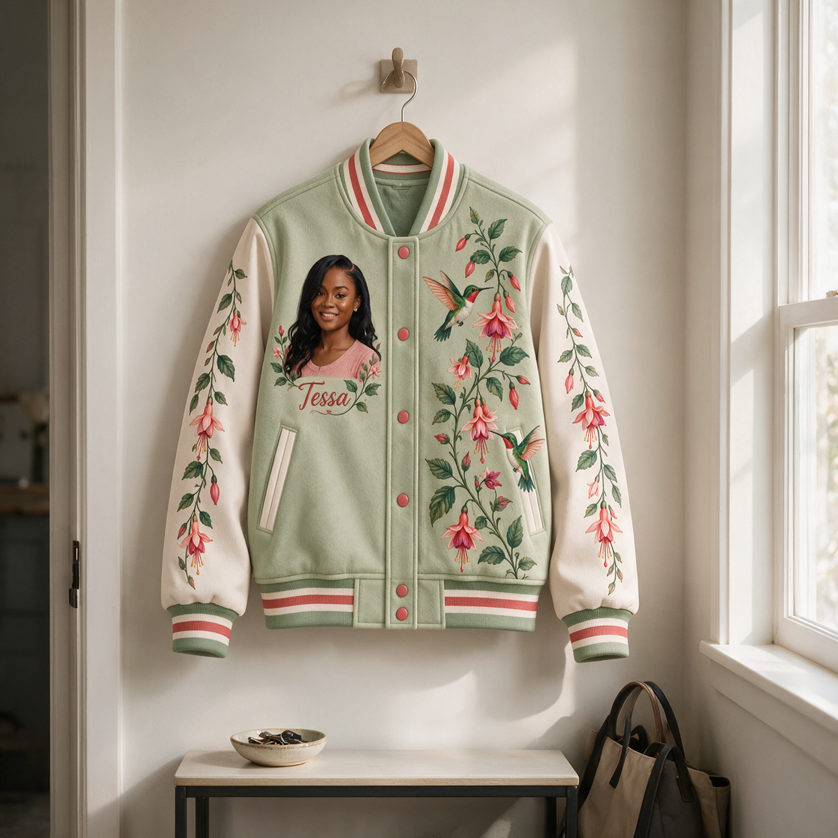 Personalized Hummingbird Varsity Jacket - Women's Floral Photo Portrait