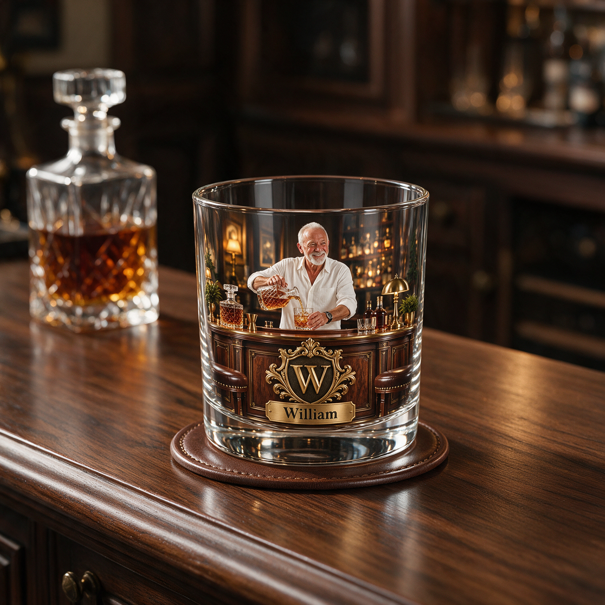 Personalisierbares Whiskeyglas mit Porträt, Name und Initialen