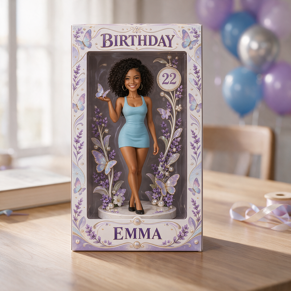 Personalisierte Geburtstagsanzeige-Box - Porträtfigur mit Lavendel-Schmetterling, Name und Alter