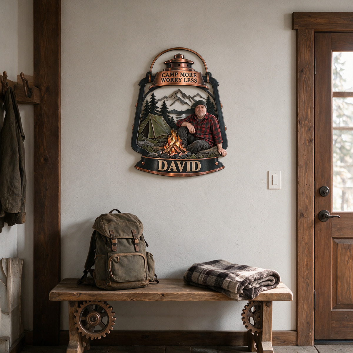 Personalized Camping Metal Wall Art - Custom Portrait and Name, Cabin Wall Decor