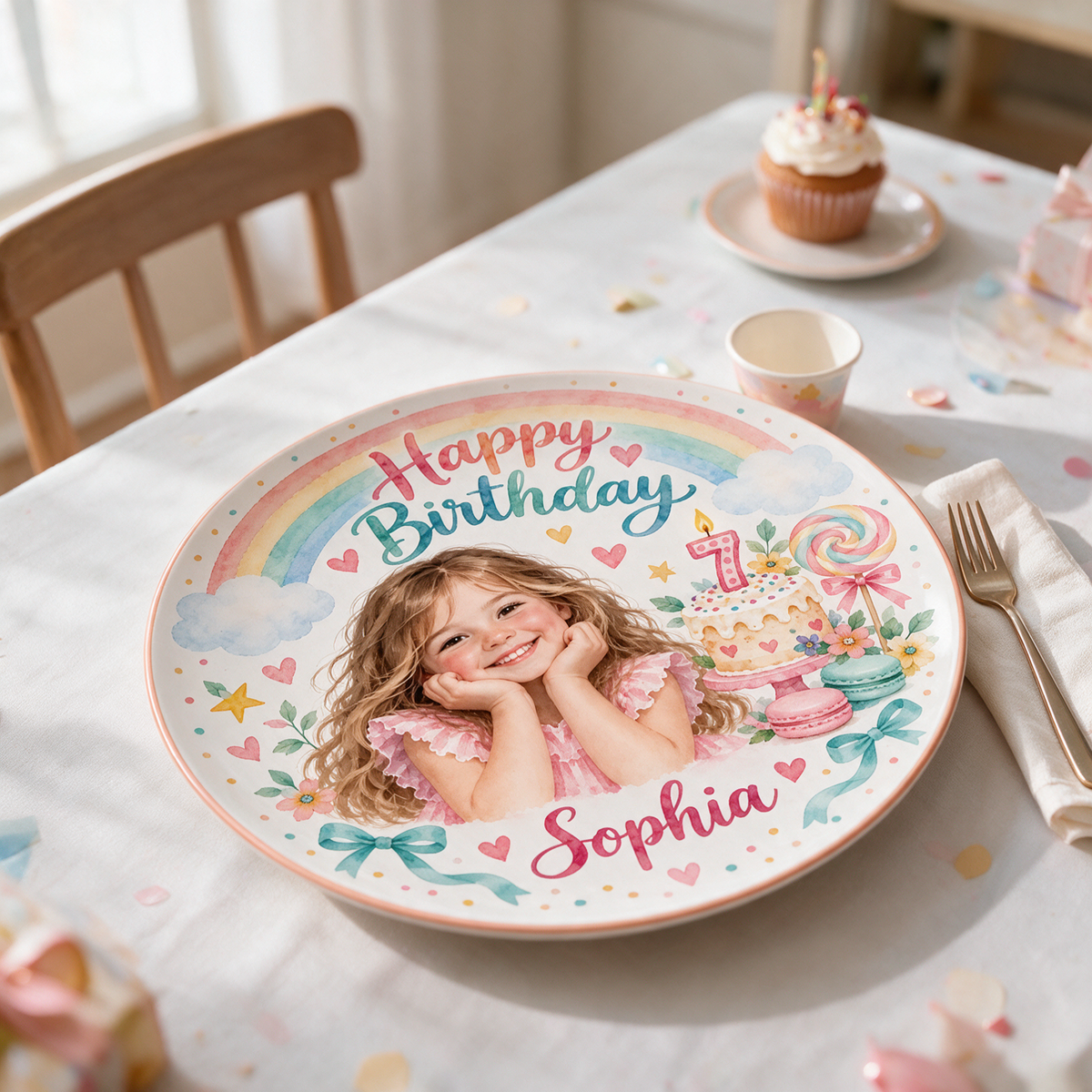 Personalized Birthday Ceramic Round Plate - Rainbow Watercolor Portrait Gift