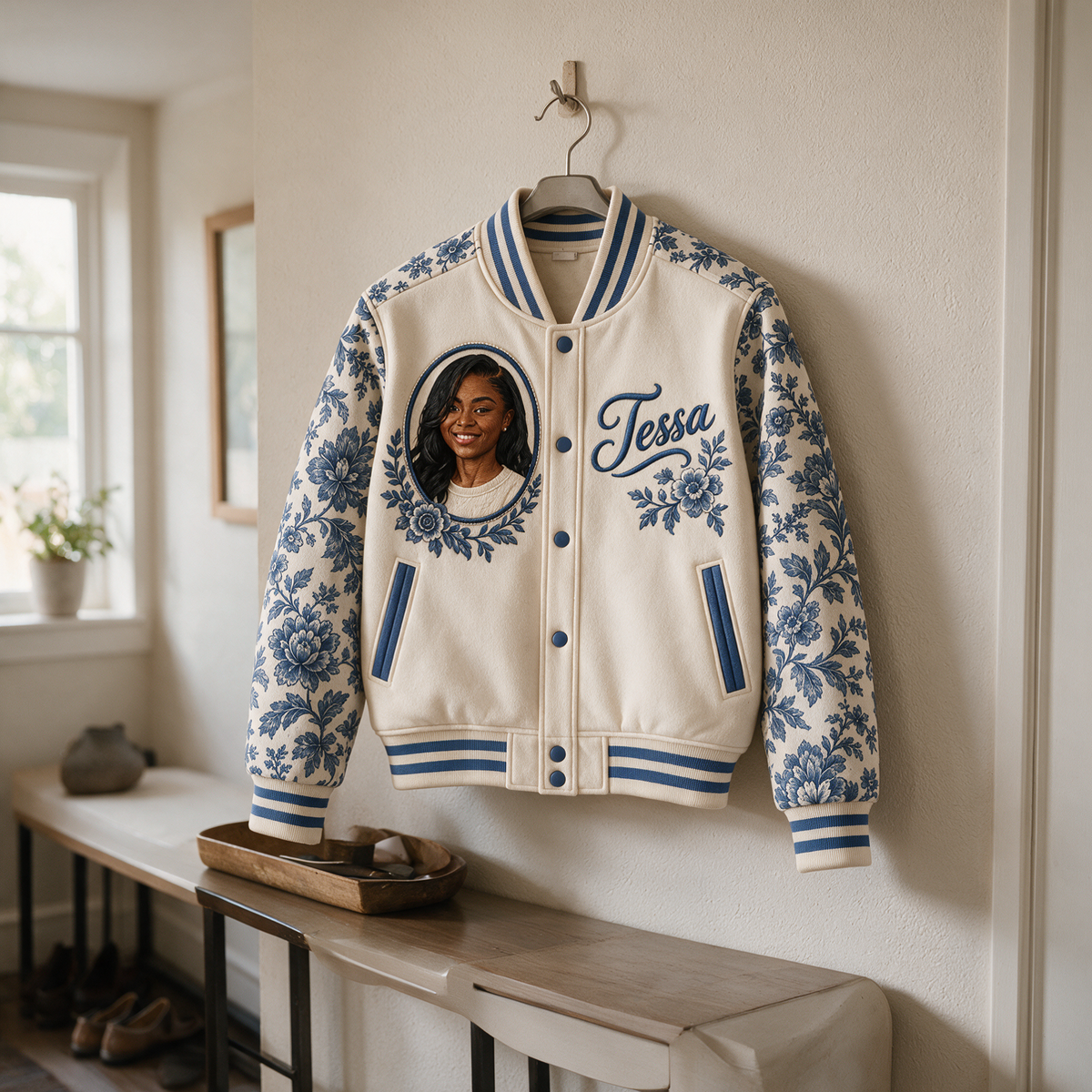 Personalized Botanical Varsity Jacket - Photo Portrait and Name, Modern Toile Style