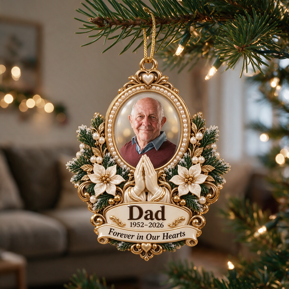 Personalized Custom Photo Dad Memorial Praying Hands 3D Ornament - Christmas Remembrance Keepsake