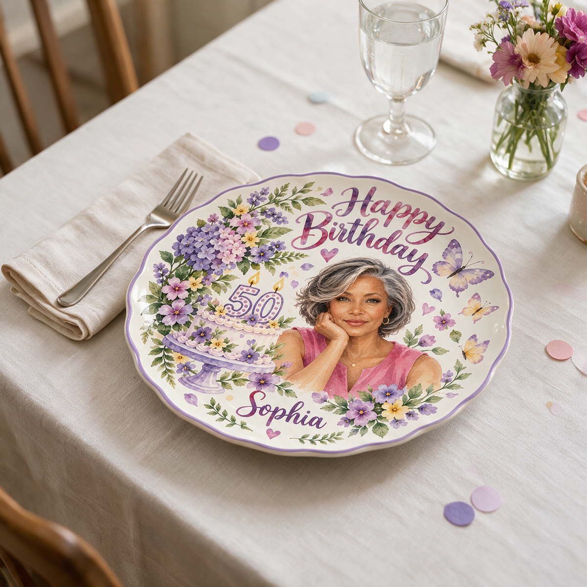 Personalized Birthday Ceramic Round Plate - Scalloped Purple Floral Portrait, Custom Name and Age