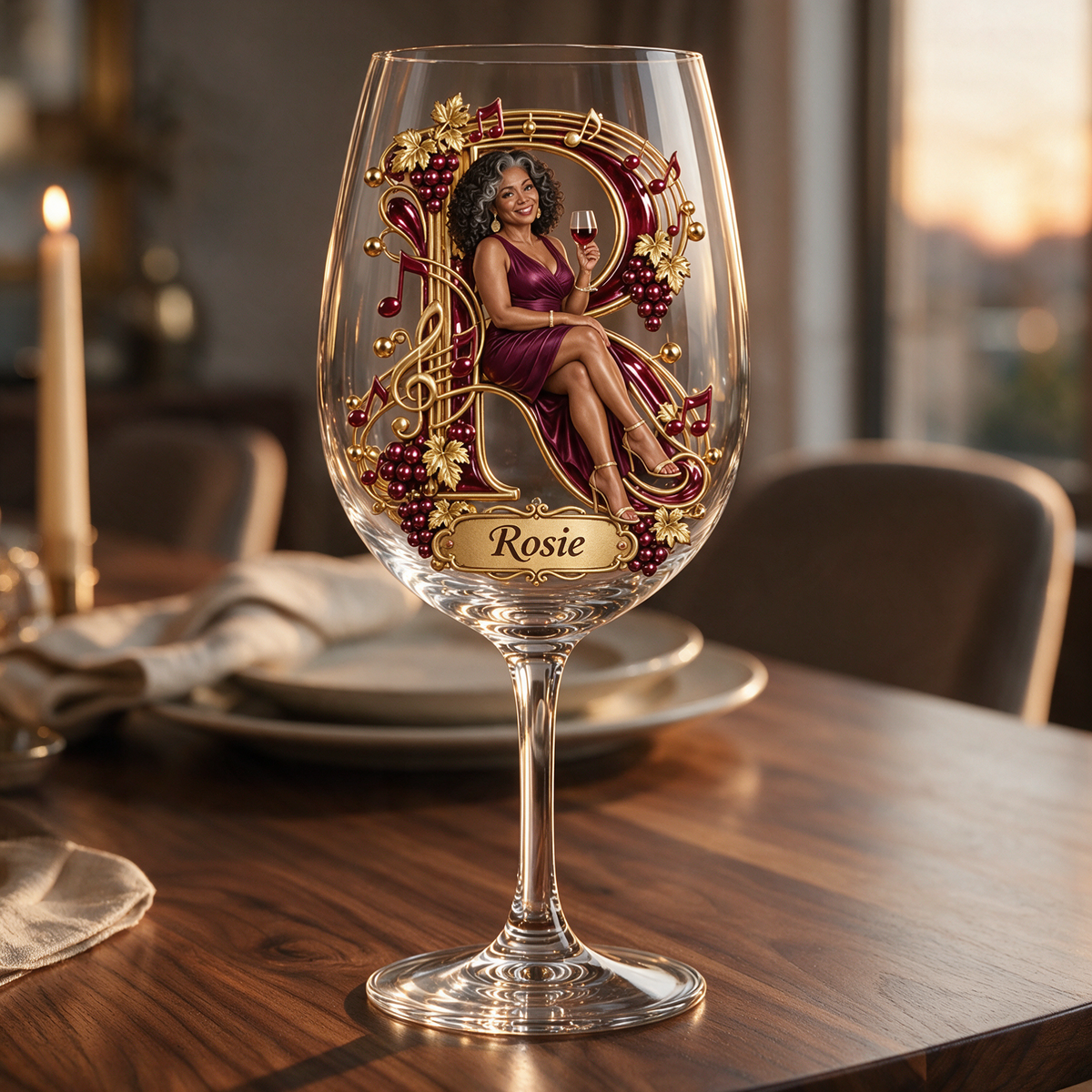 Personalized Custom Photo Music and Wine Glass - Gift for Older Women