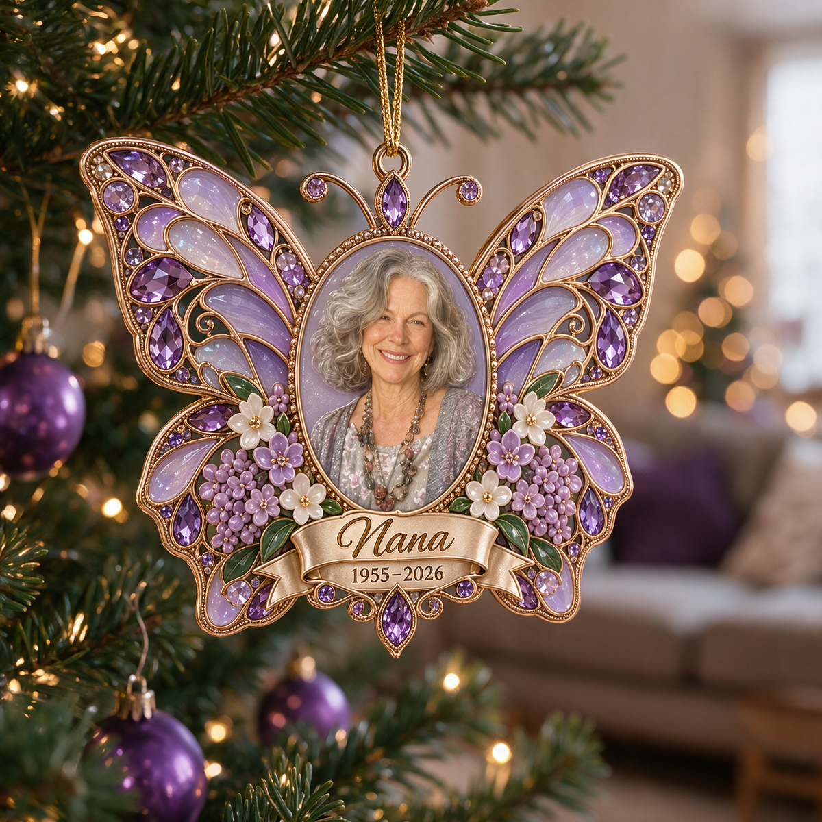 Personalized Custom Photo Purple Butterfly Memorial Christmas Ornament - In Memory of Grandma