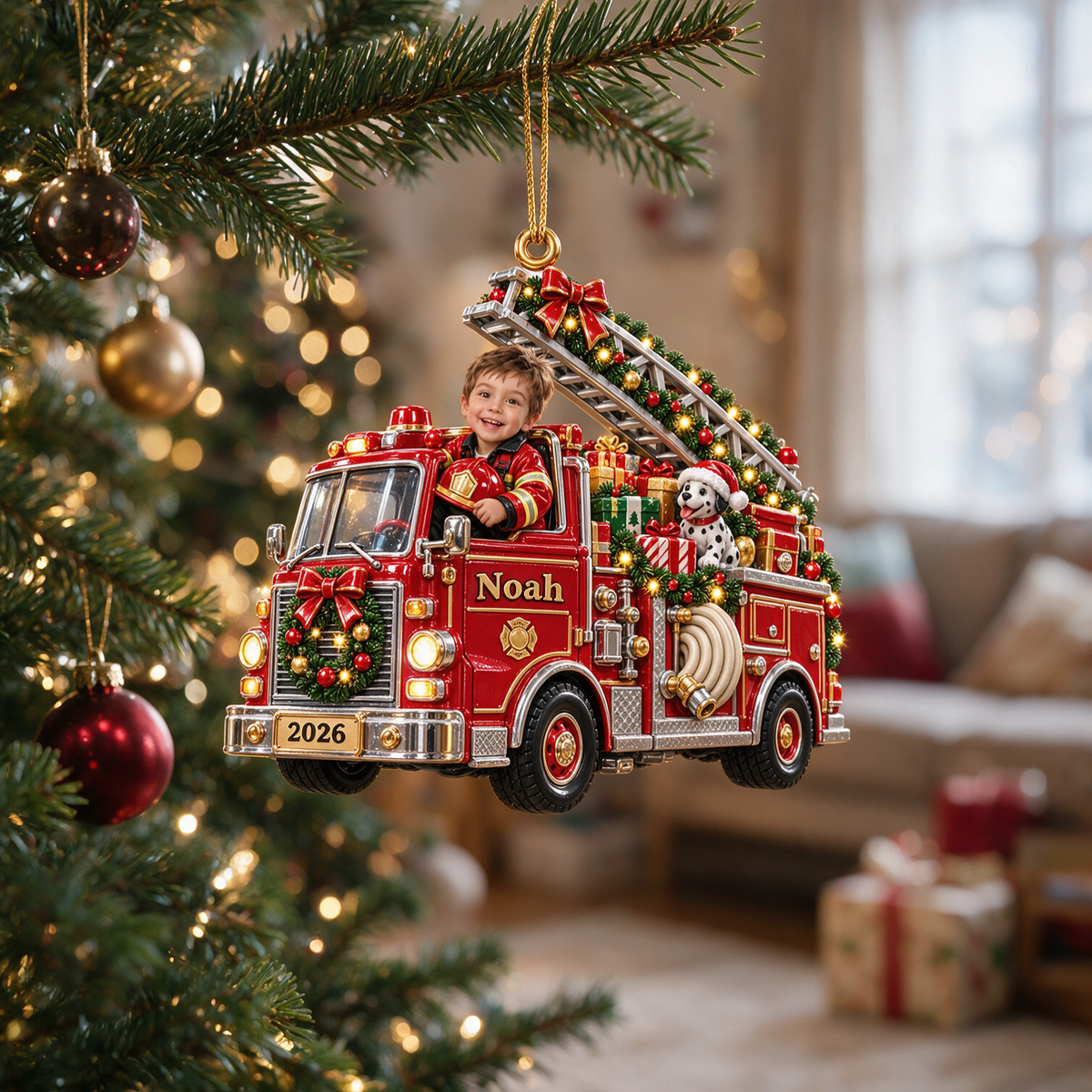 Personalized Custom Photo Fire Truck 3D Ornament - 2026 Christmas Gift for Boys